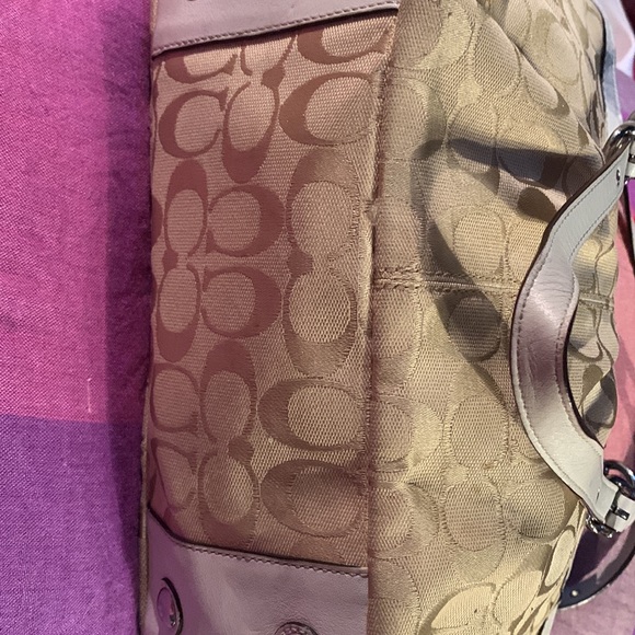 White and tan coach canvas with leather trim. - Picture 9 of 13